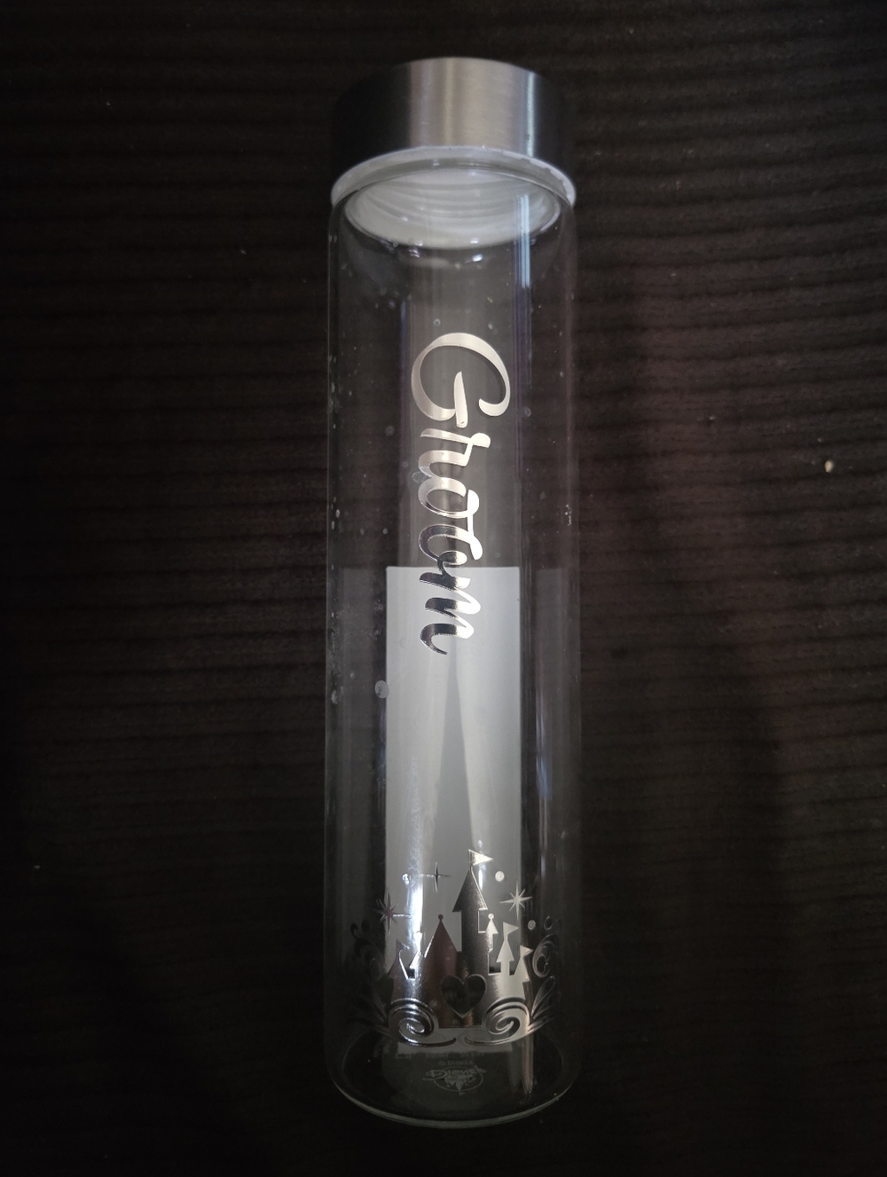 Disney Wedding Groom Clear Glass Water Bottle with Silver Lid and Castle Accent